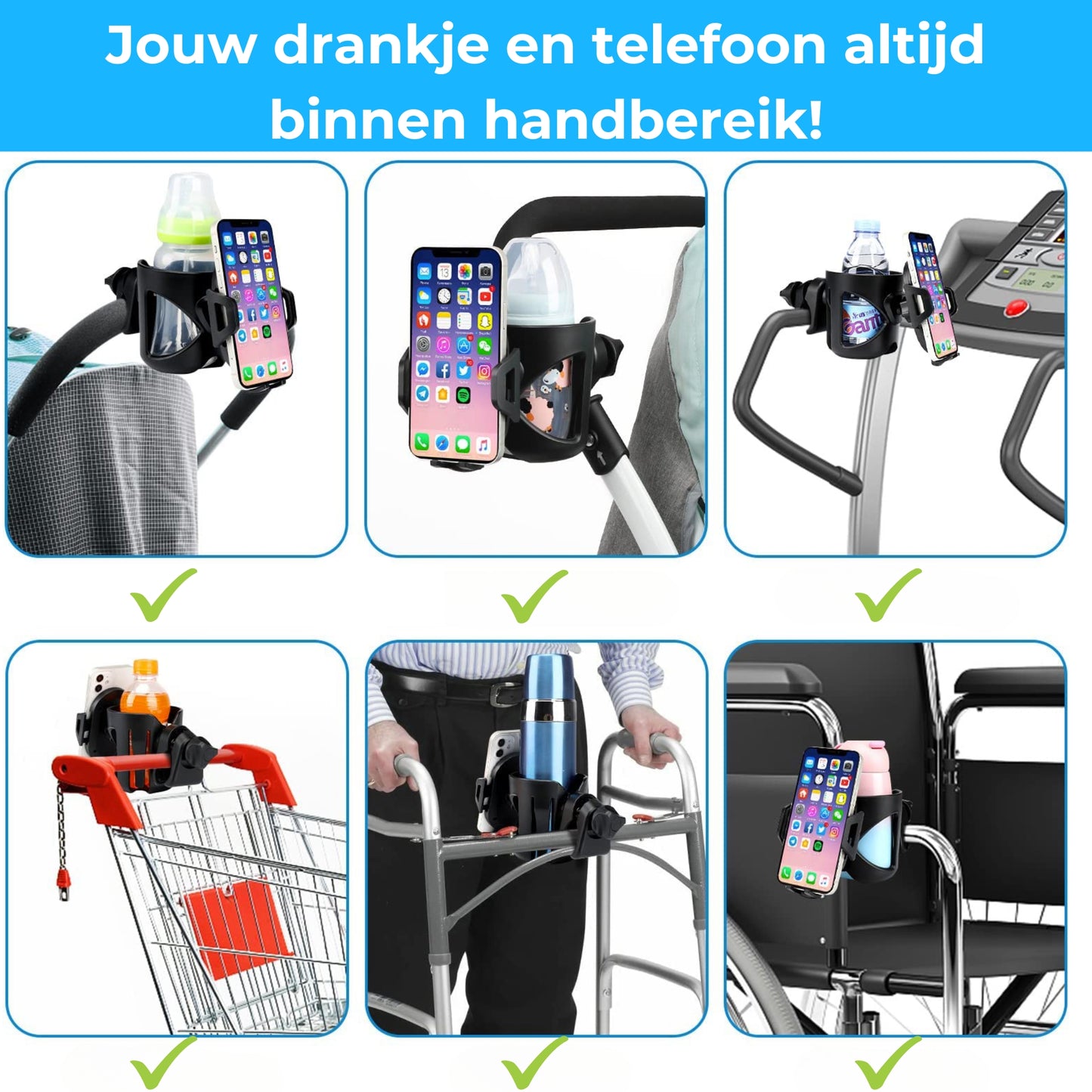 2-in-1 Fiets Telefoonhouder en Bekerhouder Zwart - 360 graden rotatie- Multifunctioneel-GSM-Smartphone- Stevig- Schokbestendig