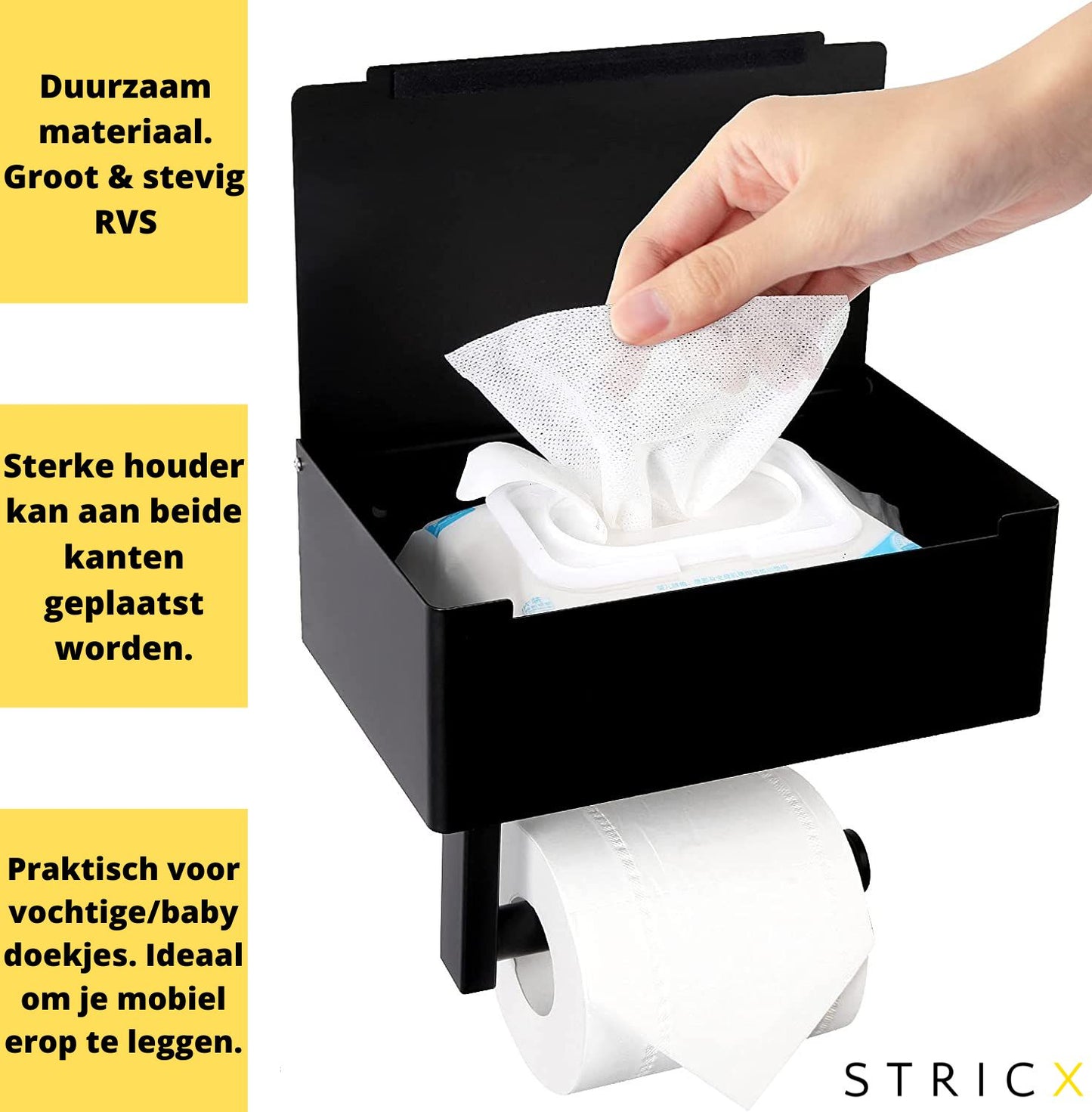 Zwarte Zelfklevende WC-rolhouder zonder Boren - Inclusief Opbergruimte voor Babydoekjes & Handig Plankje voor Tissues