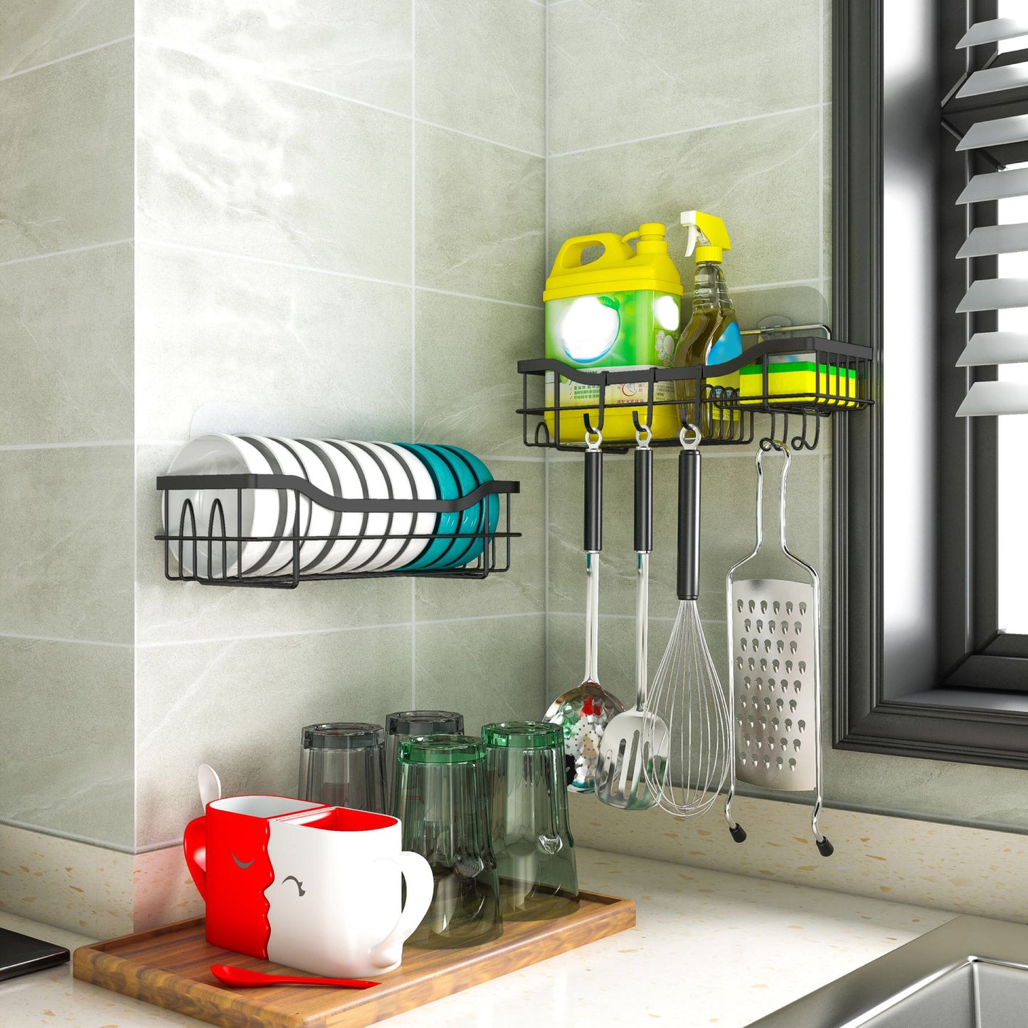 Schwarzes Duschregal mit 2-stufigem Design – ohne Bohren, ideal für Badezimmer und Küche