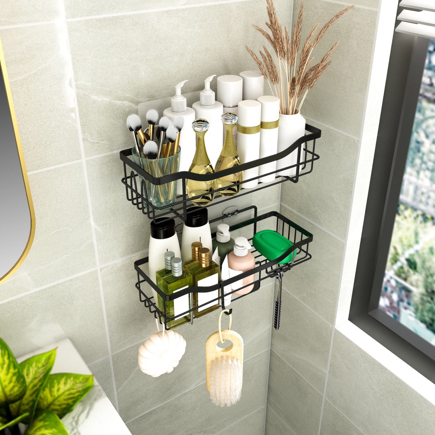 Schwarzes Duschregal mit 2-stufigem Design – ohne Bohren, ideal für Badezimmer und Küche